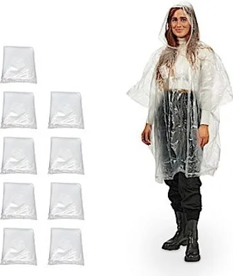 Produktbild von relaxdays jednorazowe poncho przeciwdeszczowe uni przezroczyste jeden rozmiar 10 szt.