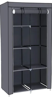 A dark gray fabric storage cabinet with shelves and a hanging rod.