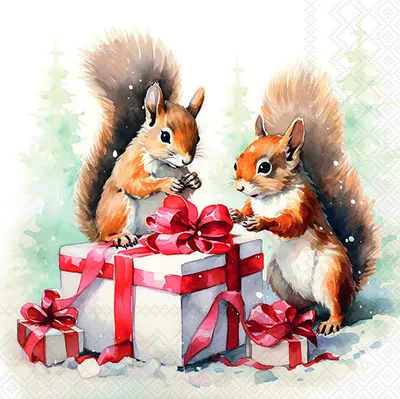 Produktbild von 20 Servietten Great Gift - Eichhörnchen am Weihnachtsgeschenk 33x33cm