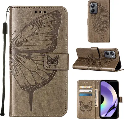 Produktbild von Lederhülle für Realme 10 Pro 5G Schmetterling Prägung Flip Ledertasche Kartenfächer Handyhülle mit Ständer Grau