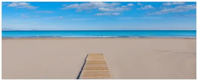 Produktbild von Wallario Wandbild aus Acryl, 200 x 80 cm, freischwebende Optik - Auf dem Holzweg zum blauen Meer