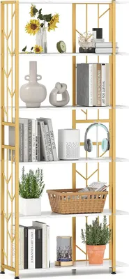 A white and gold multi-shelf bookcase filled with decorative items and books.