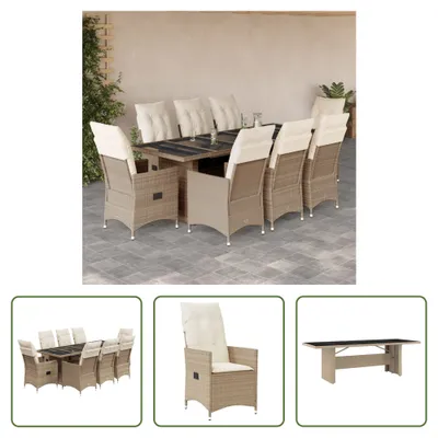 Image de The Living Store 9 pcs. Set de jardin bistrot avec coussins Beige Poly Rattan