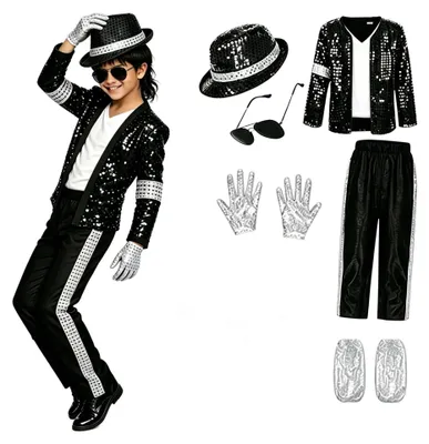 Immagine prodotto di Elzusha - Costume da supereroe per ragazzi, set da 7 pezzi - Giacca nera con paillettes, pantaloni, cappello, guanti - Outfit retrò anni '80/'90, ideale per Halloween o per ballare