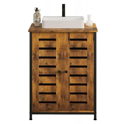 Image de Meuble sous-vasque de salle de bain marron style loft, sur pieds