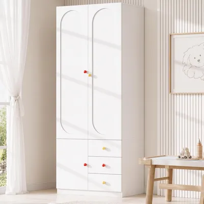 Produktbild von Kleiderschrank 80 x 50 x 200 cm mit 2 Türen, Kleiderstange und 3 Schubladen, MDF, weiß