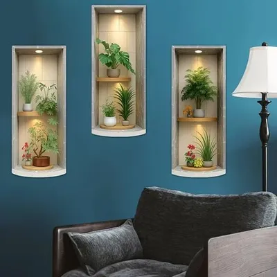 Produktbild von GKA 3 Stück 3D Wandtattoo A3 Grünpflanzen Palmen Topfpflanzen Blumen LED-Licht Wandregal Wandaufkleber Aufkleber Wandsticker Regal 50 cm x 40 cm
