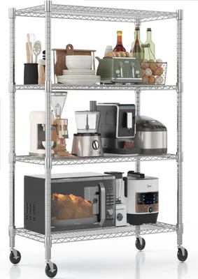 Image de Étagère à quatre niveaux avec roulettes, réglable en hauteur pour charges lourdes, 91x45x182 cm, étagère de garage, étagère de stockage, étagère de cuisine, supporte au moins 816 kg