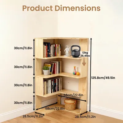 Produktbild von Eckbücherregal - L-förmiges, freistehendes Regal - 4 Ebenen - Platzsparend - Holz - Für Wohnzimmer und Arbeitszimmer