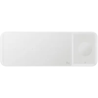 A white wireless charger with two distinct charging areas, one larger and one smaller with a circular indentation.