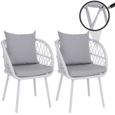 Produktbild von 2er-Set Gartenstuhl HWC-Q38, Gartensessel Armlehne, Aluminium Seilgeflecht Rope  Gestell hellgrau, Polster hellgrau
