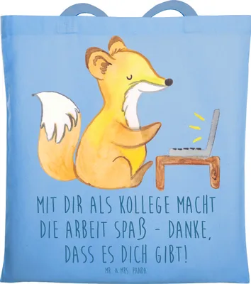 Produktbild von Mr. & Mrs. Panda Shopping Tasche Kollege Freude - Sky Blue - Geschenk, Freundschaft, Danke sagen, Arbeitswelt, handgefertigt, Schultasche, totebag, Inspiration, Bedanken