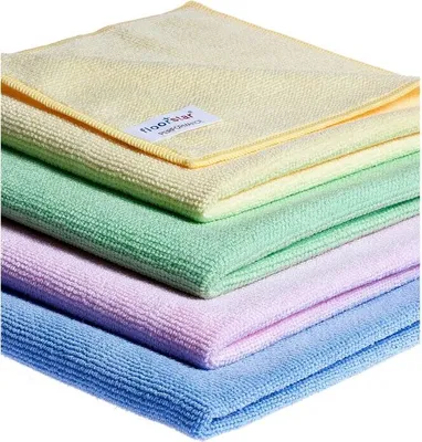 A stack of four microfiber cloths in different pastel colors.