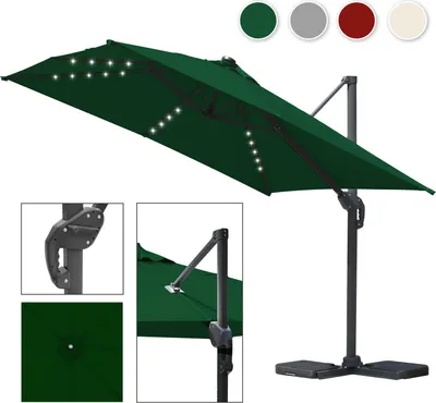 Zdjęcie produktu dla Parasol Clanmacy typu „ampel” o średnicy 3 m, obrotowy, z regulacją nachylenia, obrót o 360°, parasol targowy, oświetlenie LED, kolor zielony