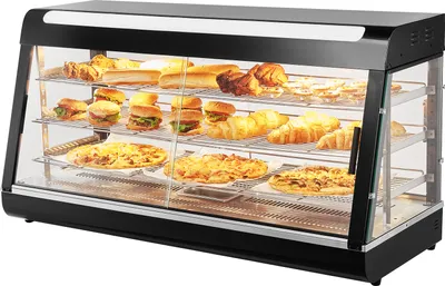Obrázek produktu pro VEVOR 3stupňový ohřívač potravin pro komerční účely, 1500 W Ohřívač potravin s osvětlením, nastavitelnou policí a ukazatelem teploty, ohřev páry 30 ℃ - 85 ℃, 180 l pro hamburgery, pizzu, chléb, pečené kuře
