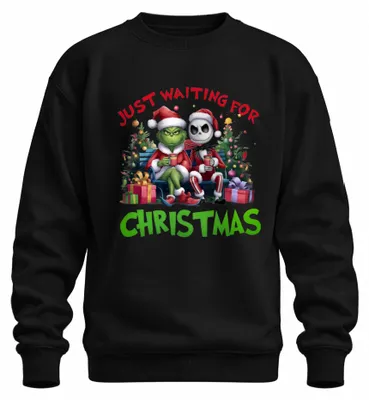 Immagine prodotto di Just Waiting For Christmas Grinch Jack Skellington Santa lustig Unisex Felpa Pullover, Schwarz, M