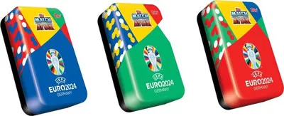 Three UEFA EURO 2024 Match Attax Mega Tins in different colors.