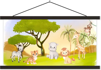 Produktbild von MuchoWow® Textilposter Dschungel - Tiere - Kinder 60x30 cm mit schwarzem Rahmen - Textilien