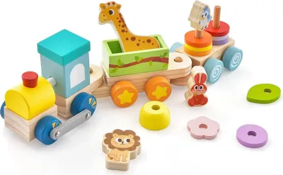 Produktbild von GOPLUS Kinder Holzeisenbahn Set, Kombinierbare Spielzeugeisenbahn mit Lokomotive, Tieren & stapelbaren Holzklötzen, Motorikspielzeug aus Massivholz für Kinder ab 3 Jahren (Modell 1)