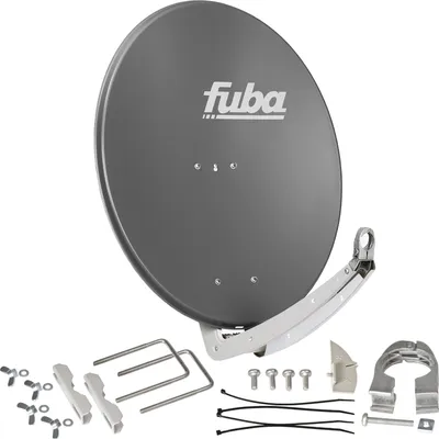 A satellite dish and its mounting hardware are displayed against a white background.