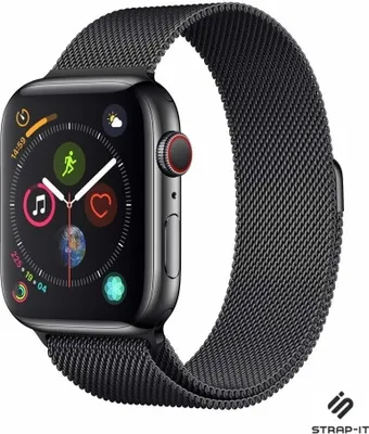 A close-up shot of a black Apple Watch with a Milanese loop band.