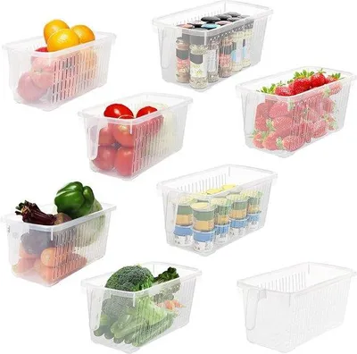Zdjęcie produktu dla Organizery do lodówki i kuchni Unyqoos®, pojemniki do przechowywania z uchwytem, 32 cm, przezroczysty, wolny od BPA, plastik, wymiary 27×13×13 cm, zestaw 8 sztuk