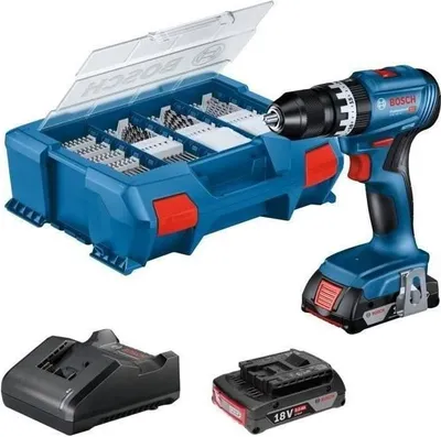 Produktbild von Bosch Professional GSB 18V-45 Akku-Schlagbohrmaschine, 2 x 2,0Ah Akkus, GAL 18V-20 Ladegerät, L-Case Pick & Click 82-teilig