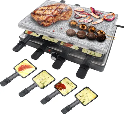 Obrázek produktu pro XINZI 1400W raclette gril - stolní gril pro 8 osob, kamenná deska/grilovací deska, 8 pánviček + dřevěná špachtle, plynulá regulace teploty. Teplota pro rodinná jídla