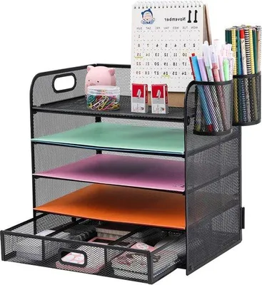 Produktbild von Famanu Schreibtisch Organizer mit Schubladen - Mesh Ablage mit Handgriffen - Papier Sortierer für A4 - inklusive Stiftehalter