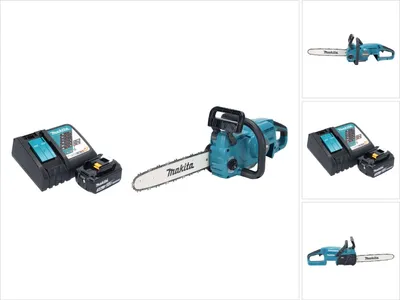 A Makita cordless chainsaw and its charging accessories are displayed against a white background.