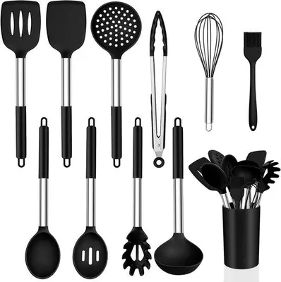 Image de Set complet d'ustensiles de cuisine, 11 pièces, noir et acier inoxydable