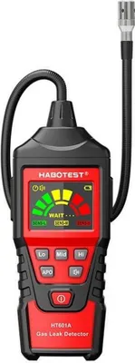 A red and black gas leak detector with a flexible probe is shown against a white background.