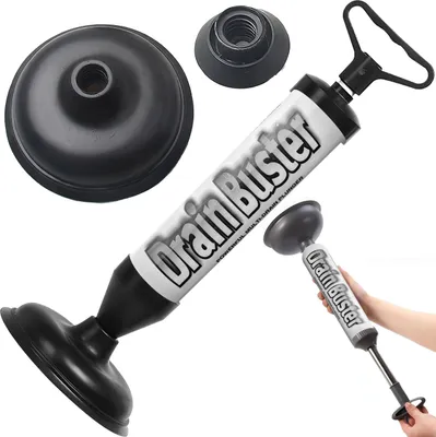 A product shot of a drain plunger with multiple views and a hand holding one.