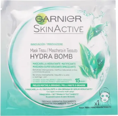 Produktbild von Garnier Skin Active Hydra Bomb, Feuchtigkeitsspendende Maske, Frauen, Mischhaut, ölige Haut, Mattierend, Feuchtigkeitsspendend, Blätter, Hyaluronsäure