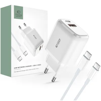 Zdjęcie produktu dla Ładowarka Tech-Protect C20W sieciowa USB-C PD 20W / USB-A QC 3.0 z kablem USB-C / USB-C - biała