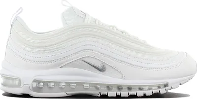 A side view of a white Nike Air Max 97 sneaker.