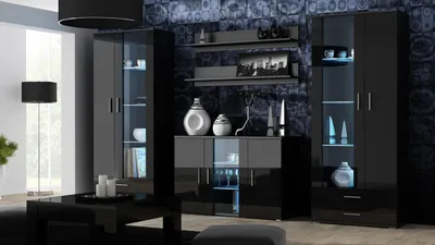 Produktbild von Furniture24 Wohnwand SOHO 10 modernes Wohnzimmer Schwarz / Schwarz Hochglanz