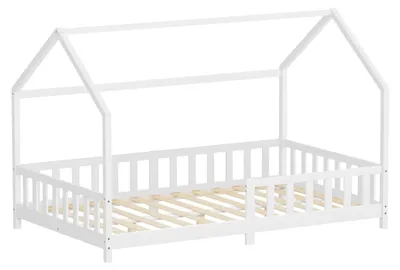 Obrázek produktu pro Dětská postel ML-Design 120 x 200 cm s ochrannou zábranou, stříškou a roštem, bílá Montessori postel na podlaze z masivního borovicového dřeva, postel ve tvaru domečku pro holčičky a kluky