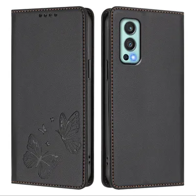 Obrázek produktu pro Kožené pouzdro pro OnePlus Nord 2 5G, motýlí ražbou, peněženkové flip pouzdro se stojánkem Černá