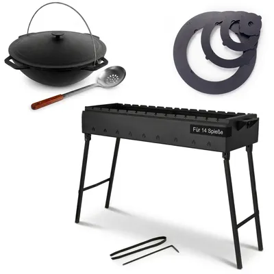 Produktbild von Schaschlikgrill 90 cm klappbar 2 mm Stahl Mangal Holzkohlegrill für 14 Spieße 8L Gusseisen Kazan mit Deckel Adapterringe 4 mm Grillset BBQ Campinggrill