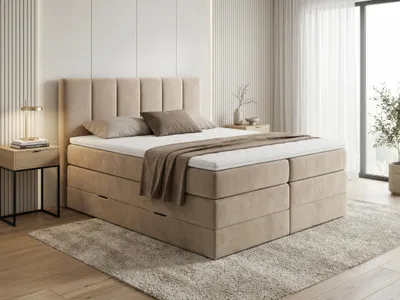 Produktbild von Boxspringbett Star XL mit 2 Bettkästen und Topper, mit Taschenfederkern- und Bonellfederkernmatratze, Doppelbett, Polsterbett aus Veloursstoff mit Stauraum (Beige (Paros 02), 140 x 200 cm)