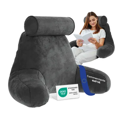 Immagine prodotto di ELONEO  Italiano Cuscino per la schiena ELONEO, cuscino da lettura per letto e divano con braccioli e cuscino cervicale rimovibile, supporto per la schiena – Grigio