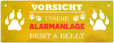 Produktbild von Vorsicht unsere Alarmanlage beißt & bellt Metallschild in Gelb