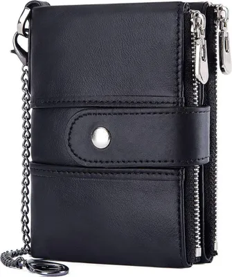 Produktbild von Geldbörse Herren Leder mit Kette Geldbeutel Männer Viele Fächer Portemonnaie Herren Münzfach Doppelreißverschluss Echtleder Brieftasche Männer RFID Schutz 16 kartenfächer Hochformat (Schwarz)