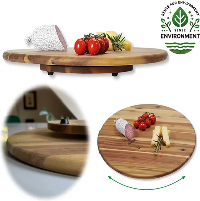 Produktbild von LS-LebenStil XXL Servierplatte Drehteller Akazie 40cm Holztablett drehbar Drehtablett Vesperbrett Serviertablett Pizzateller Servierbrett Käseplatte