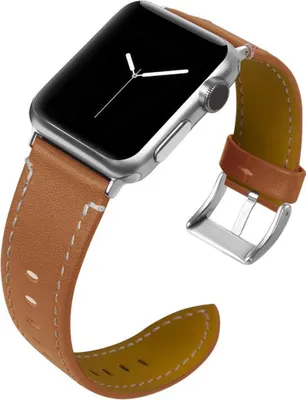 A close-up shot of a brown leather watch band attached to a silver smartwatch.