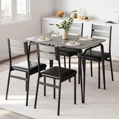 Produktbild von 5-teilige Essgruppe, Tischgruppe für 4 Personen mit 1 Esstisch & 4 Gepolsterten Stühlen, Küchentisch mit Metallgestell Esszimmergruppe Esstisch und Stühle Set, Grau-schwarz