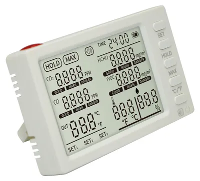 Obrázek produktu pro 8v1 monitor kvality vzduchu v interiéru, přenosný detektor kvality vzduchu pro CO₂/HCHO/TVOC/CO/teplotu/vlhkost/externí teplotní sondu/čas, analyzátor kvality vzduchu pro kanceláře, školy, automobily