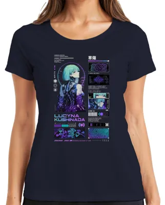 Zdjęcie produktu dla Koszulka damska z nadrukiem "Lucyna Kushinada", styl cyberpunk, anime, manga, Japonia, lata 2000, "Edgerunners", dla fanów anime, kolor granatowy, rozmiar S