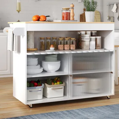 Obrázek produktu pro Skládací kuchyňský vozík s ostrovem, rozměry 122x46(69)x91 cm, povrchová úprava z dubového dýhy, skleněné posuvné dveře, nastavitelné police, držák na ručníky.
